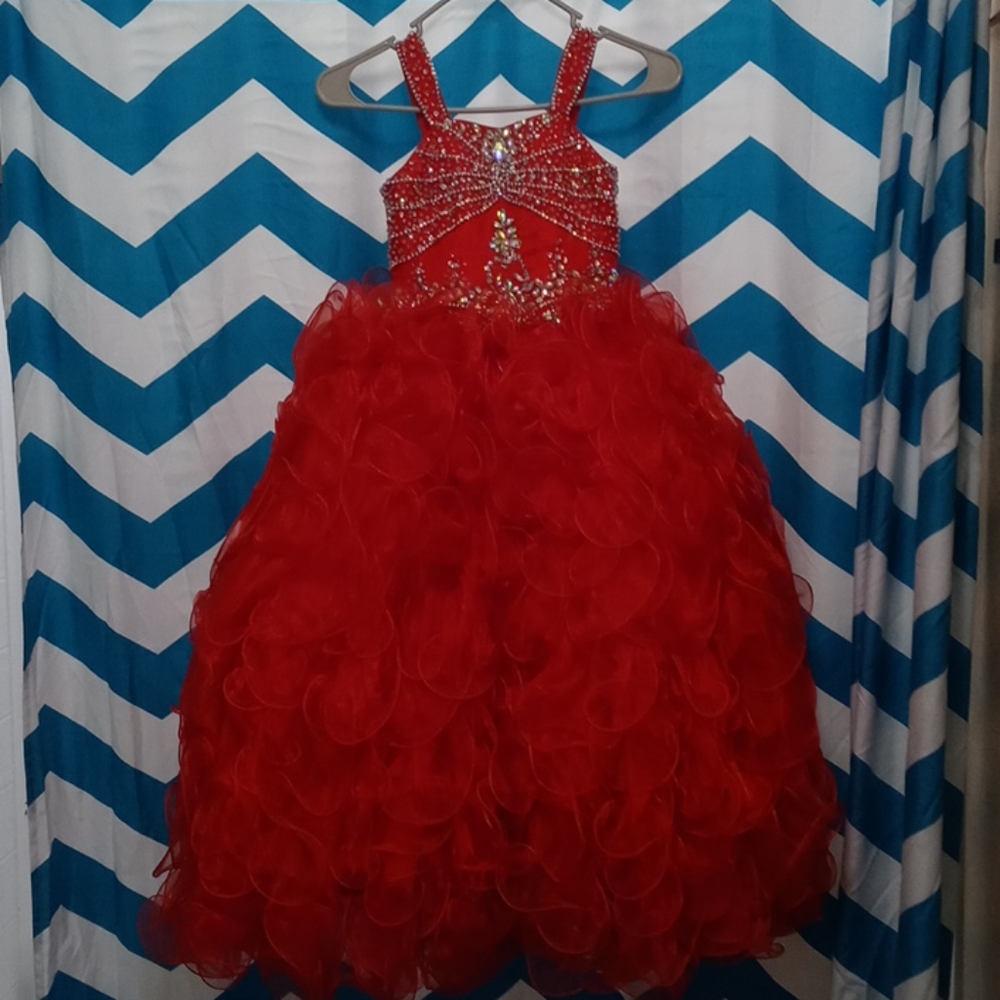 Bright red full length glitz pageant dress